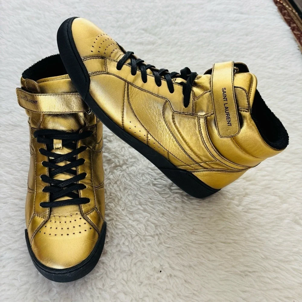 Saint Laurent Metallic Gold High-Tops with Black Details Sneakers Sz 41 US9.5-10